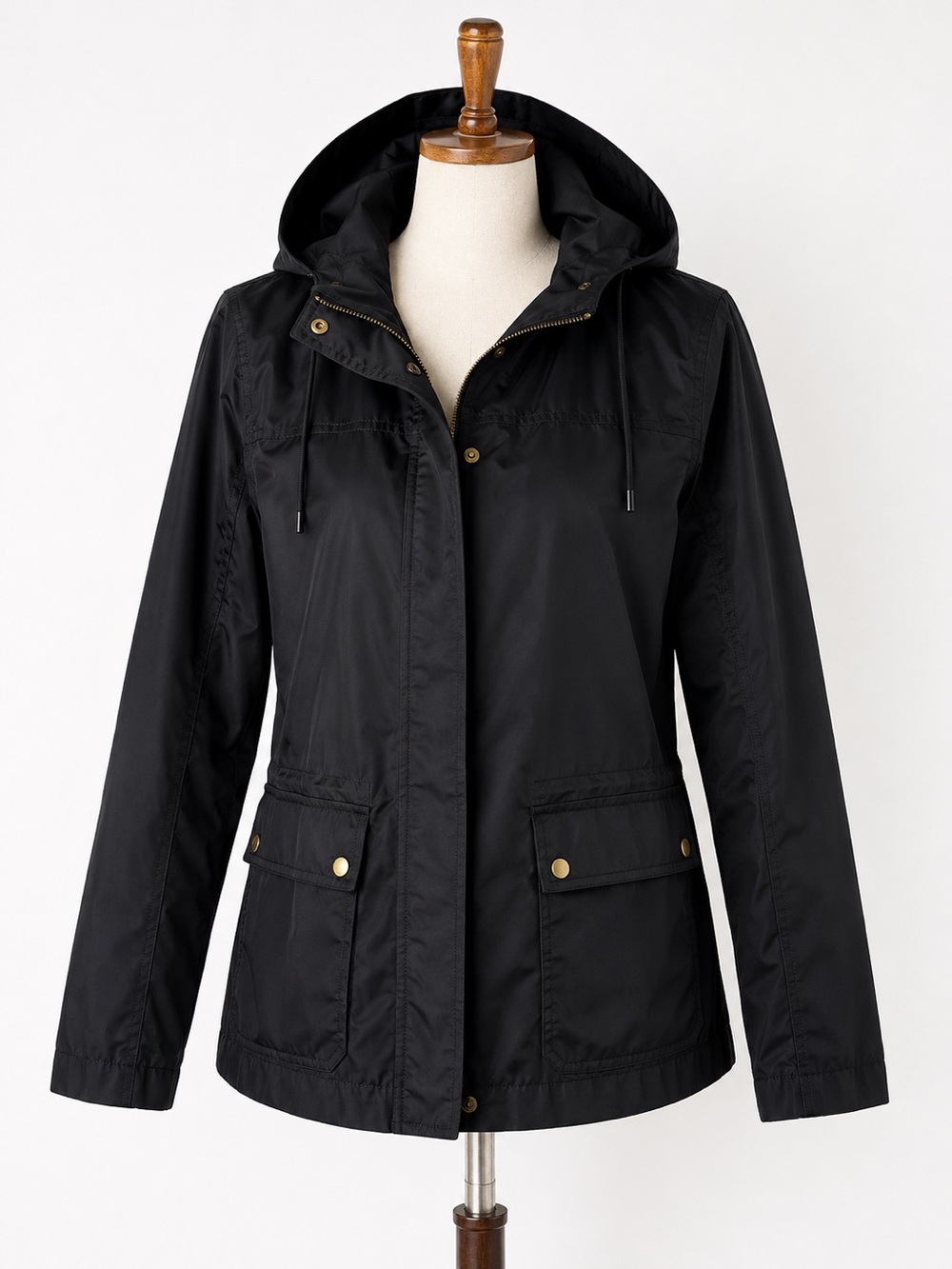 J.Crew Mercantile Black Rain Jacket Hooded Zip Snap Front Women’s Medium
